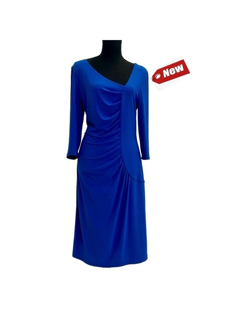 Joseph Ribkoff cobalt royal blue ruched gathered dress asymmetrical neckline 10